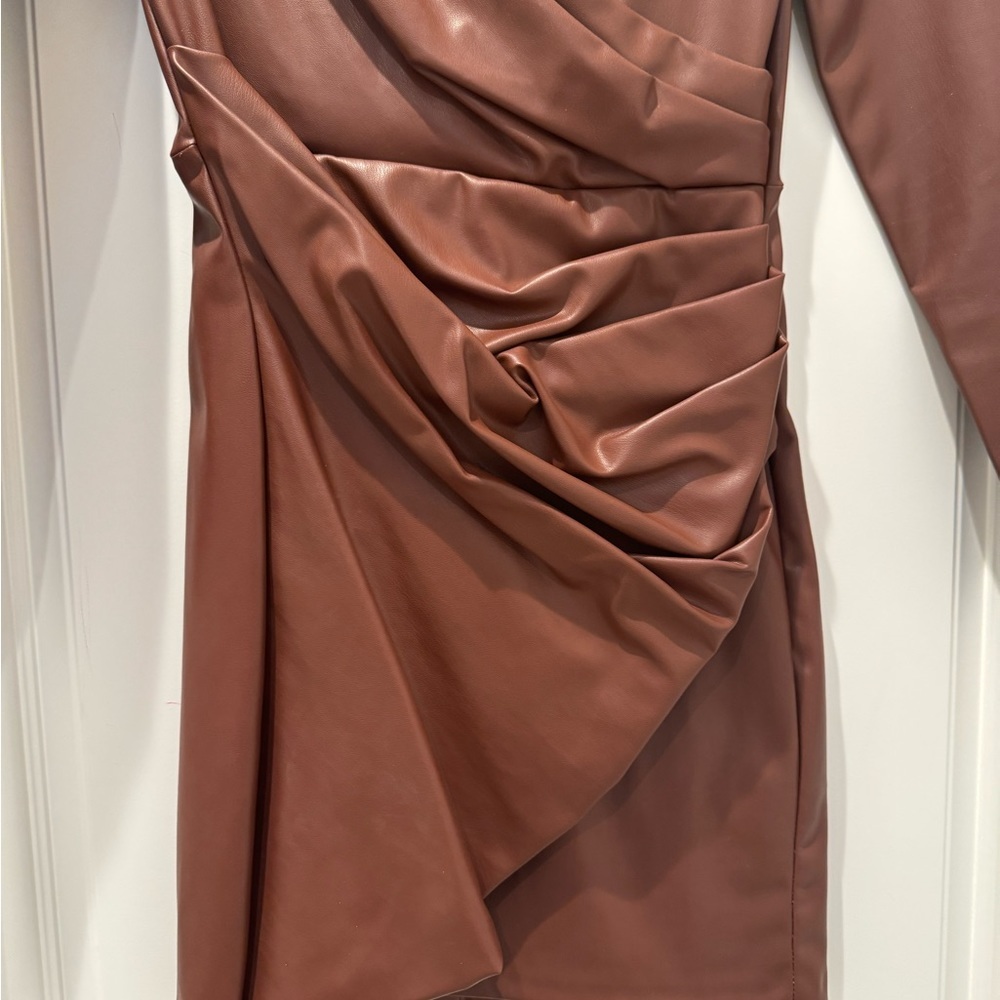 Zara Faux Leather Surplice Brown Long Sleeve Mini Dress Size S - Picture 6 of 8